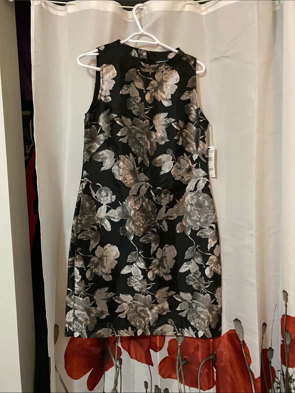 American Living Black Mini Dress with Silver Floral Jacquard